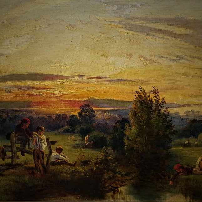 Antique American Pastoral Sunset Oil Painting, 19th Century Golden Landscape Artwork, Framed Wall Art Farmhouse Decor, Classic Country Scene