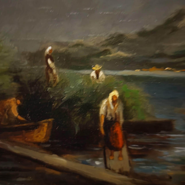 Vintage German Lake Scene Oil Painting, Rustic Countryside Artwork, Moody Landscape Wall Art, Framed European Decor