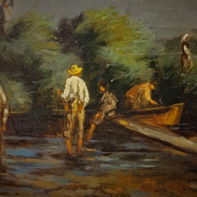 Vintage German Lake Scene Oil Painting, Rustic Countryside Artwork, Moody Landscape Wall Art, Framed European Decor