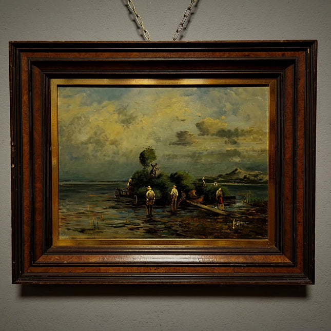 Vintage German Lake Scene Oil Painting, Rustic Countryside Artwork, Moody Landscape Wall Art, Framed European Decor