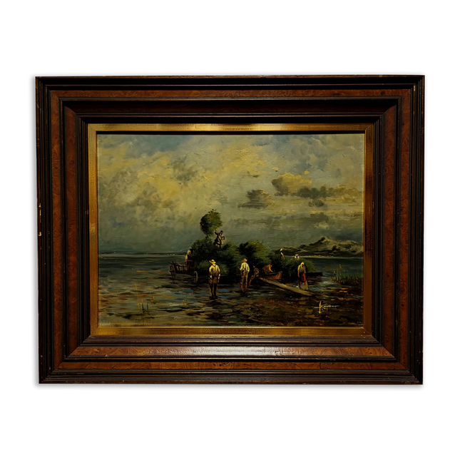 Vintage German Lake Scene Oil Painting, Rustic Countryside Artwork, Moody Landscape Wall Art, Framed European Decor