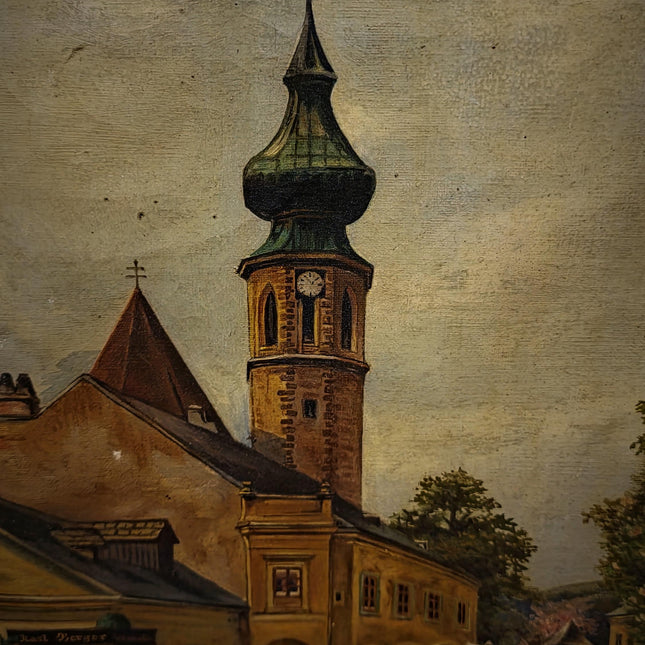 Antique Cityscape Oil Painting, Signed Original Architecture Artwork, Framed Wall Decor, Vintage European Street Scene, Fine Landscape