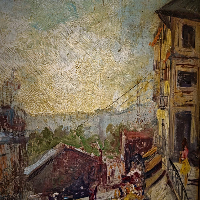 Vintage Spanish Street Scene Oil Painting, Mediterranean Market Artwork, European Cityscape, Café Wall Art, Framed Urban Decor