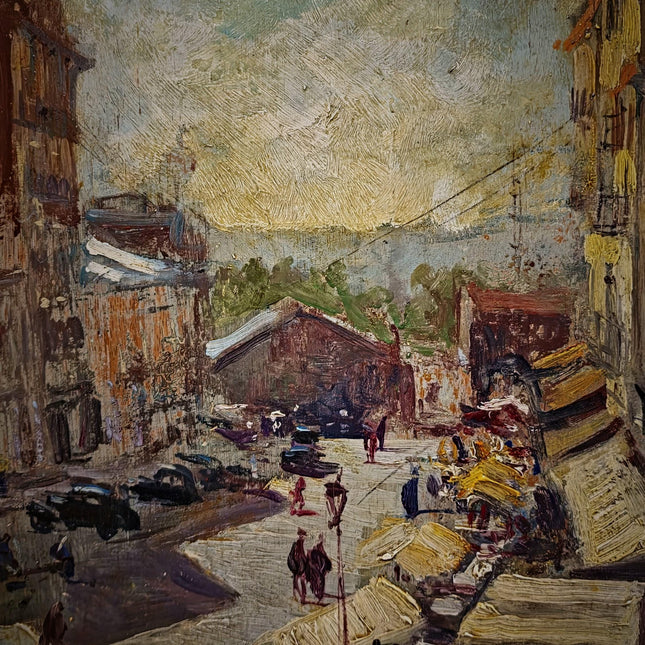 Vintage Spanish Street Scene Oil Painting, Mediterranean Market Artwork, European Cityscape, Café Wall Art, Framed Urban Decor