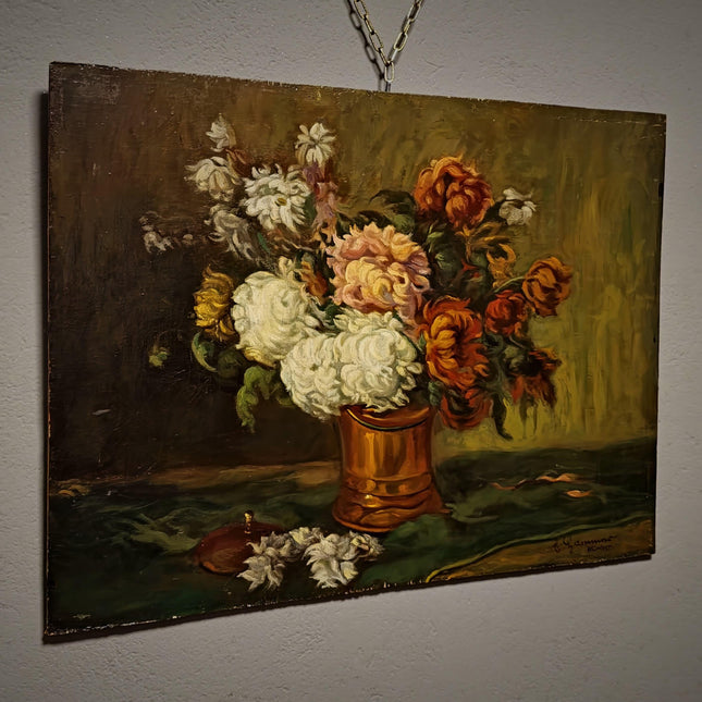 Antique Floral Still Life Oil Painting, Signed Chrysanthemum Artwork, Original European Fine Art, Cottagecore Wall Decor, Dark Academia