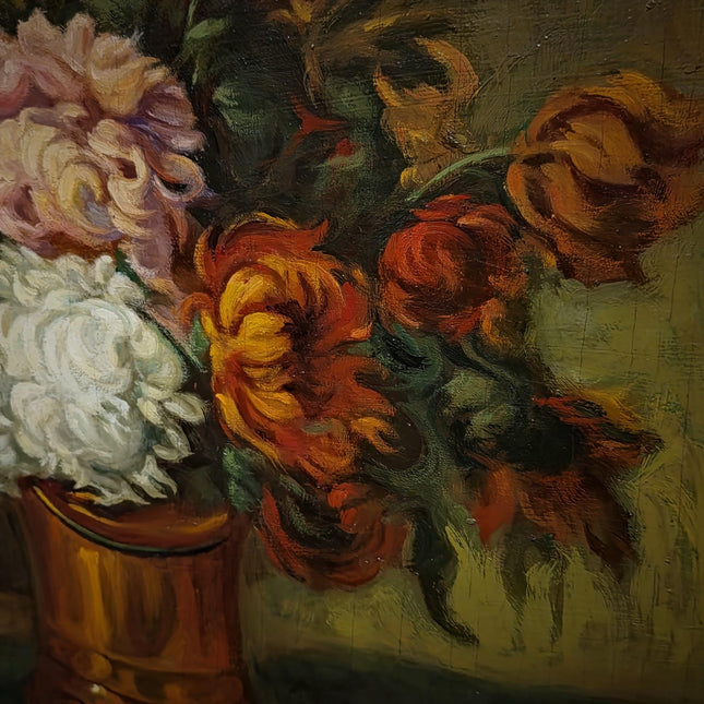 Antique Floral Still Life Oil Painting, Signed Chrysanthemum Artwork, Original European Fine Art, Cottagecore Wall Decor, Dark Academia