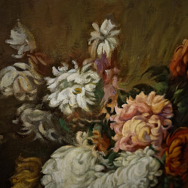 Antique Floral Still Life Oil Painting, Signed Chrysanthemum Artwork, Original European Fine Art, Cottagecore Wall Decor, Dark Academia