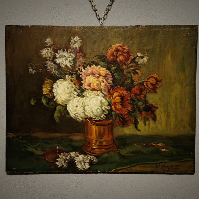 Antique Floral Still Life Oil Painting, Signed Chrysanthemum Artwork, Original European Fine Art, Cottagecore Wall Decor, Dark Academia