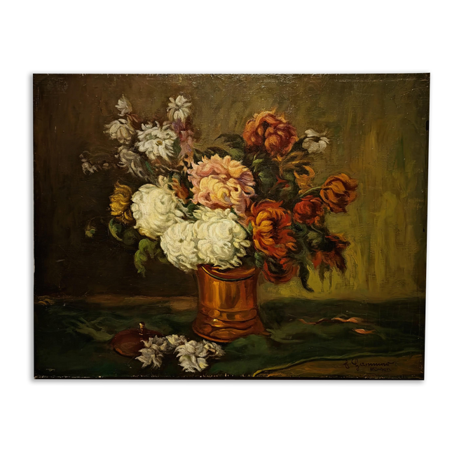 Antique Floral Still Life Oil Painting, Signed Chrysanthemum Artwork, Original European Fine Art, Cottagecore Wall Decor, Dark Academia