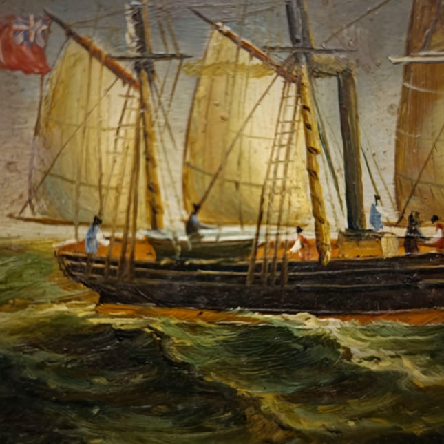 Small Vintage Nautical Oil Painting, French Marine Sailing Ships, Signed Artwork, Gold Framed Wall Decor, Coastal Seascape Art