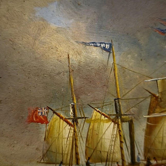 Small Vintage Nautical Oil Painting, French Marine Sailing Ships, Signed Artwork, Gold Framed Wall Decor, Coastal Seascape Art