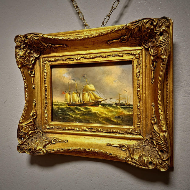 Small Vintage Nautical Oil Painting, French Marine Sailing Ships, Signed Artwork, Gold Framed Wall Decor, Coastal Seascape Art