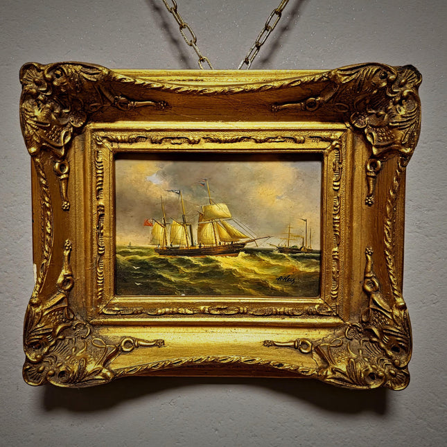 Small Vintage Nautical Oil Painting, French Marine Sailing Ships, Signed Artwork, Gold Framed Wall Decor, Coastal Seascape Art
