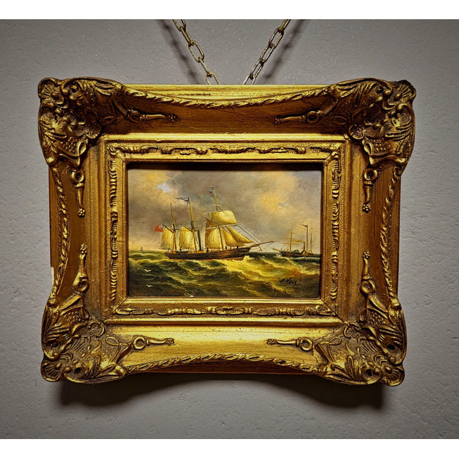Small Vintage Nautical Oil Painting, French Marine Sailing Ships, Signed Artwork, Gold Framed Wall Decor, Coastal Seascape Art