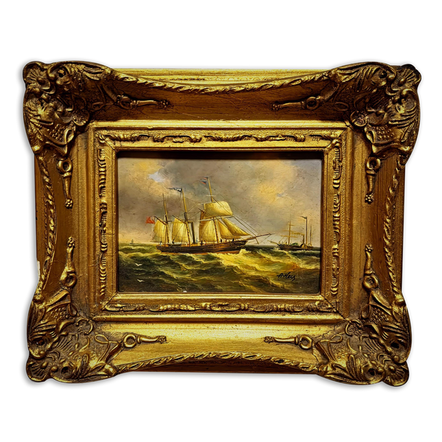 Small Vintage Nautical Oil Painting, French Marine Sailing Ships, Signed Artwork, Gold Framed Wall Decor, Coastal Seascape Art