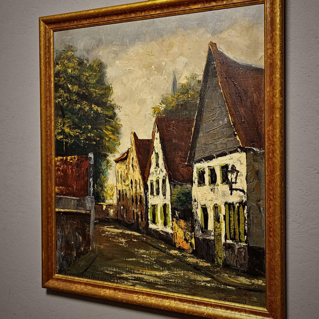Vintage German Cityscape Oil Painting, Signed European Street Scene Artwork, Mid Century Wall Decor, Framed Urban Landscape, Dark Academia