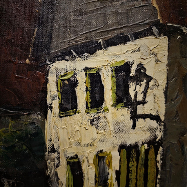 Vintage German Cityscape Oil Painting, Signed European Street Scene Artwork, Mid Century Wall Decor, Framed Urban Landscape, Dark Academia