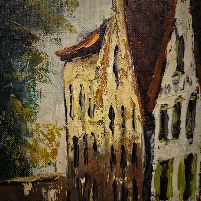 Vintage German Cityscape Oil Painting, Signed European Street Scene Artwork, Mid Century Wall Decor, Framed Urban Landscape, Dark Academia