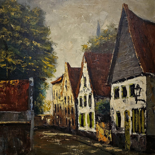 Vintage German Cityscape Oil Painting, Signed European Street Scene Artwork, Mid Century Wall Decor, Framed Urban Landscape, Dark Academia