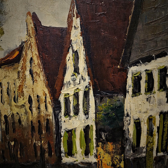 Vintage German Cityscape Oil Painting, Signed European Street Scene Artwork, Mid Century Wall Decor, Framed Urban Landscape, Dark Academia