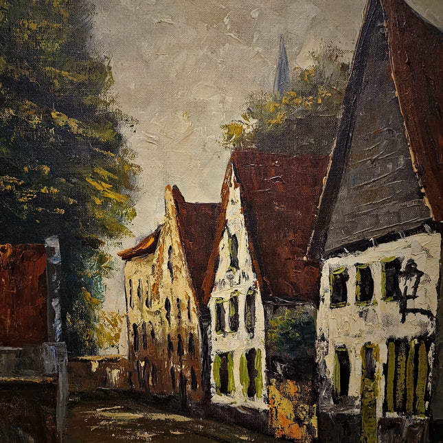 Vintage German Cityscape Oil Painting, Signed European Street Scene Artwork, Mid Century Wall Decor, Framed Urban Landscape, Dark Academia