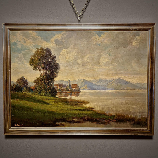 Large Vintage Alpine Lake Oil Painting, Original European Mountain Landscape, Framed Wall Art, Old World Decor, Atmospheric Fine Art