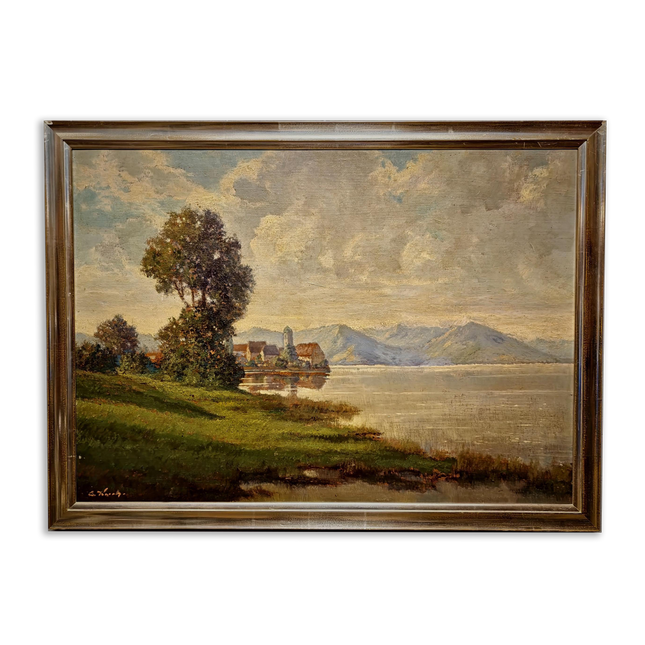 Large Vintage Alpine Lake Oil Painting, Original European Mountain Landscape, Framed Wall Art, Old World Decor, Atmospheric Fine Art