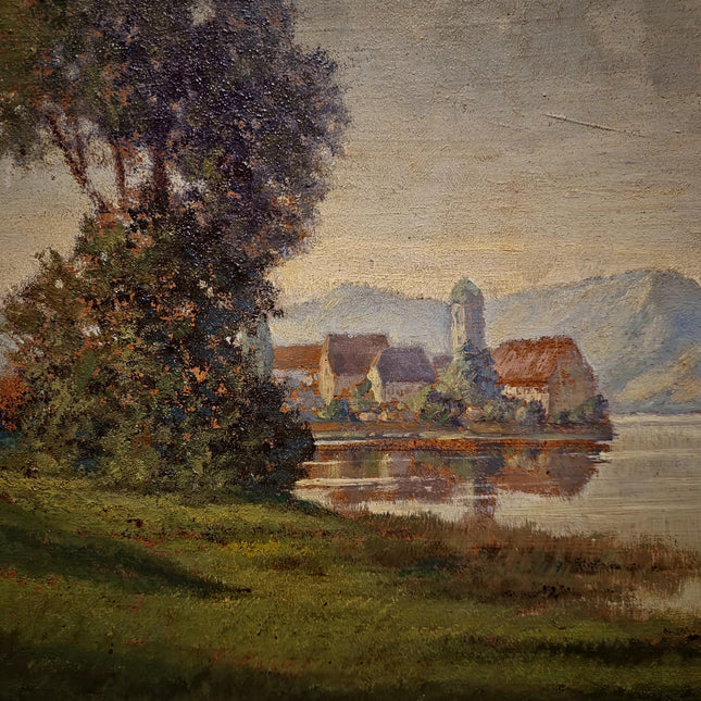 Large Vintage Alpine Lake Oil Painting, Original European Mountain Landscape, Framed Wall Art, Old World Decor, Atmospheric Fine Art