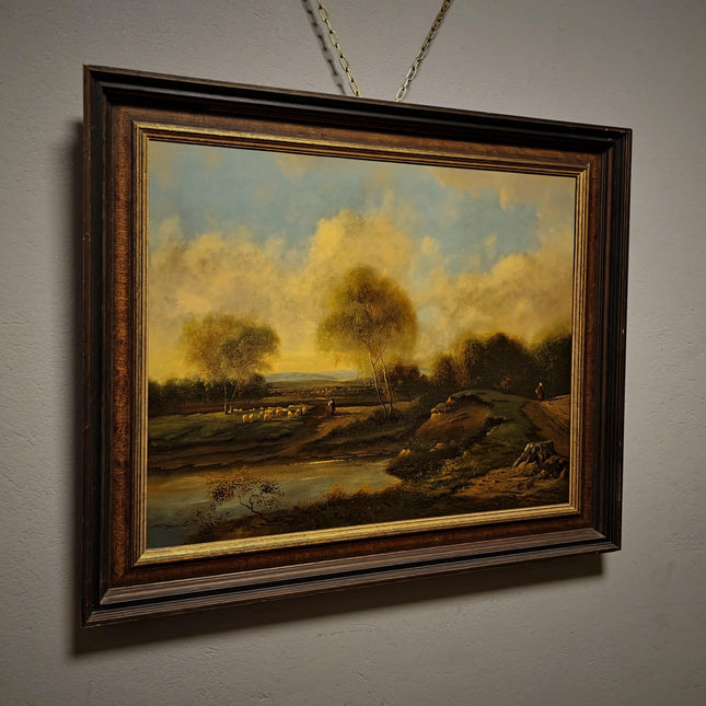 Vintage Dutch Pastoral Landscape Oil Painting, Signed Sheep Countryside Artwork, Rustic Wall Art, Collectible Framed Farmhouse Decor