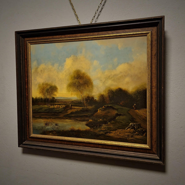 Vintage Dutch Pastoral Landscape Oil Painting, Signed Sheep Countryside Artwork, Rustic Wall Art, Collectible Framed Farmhouse Decor