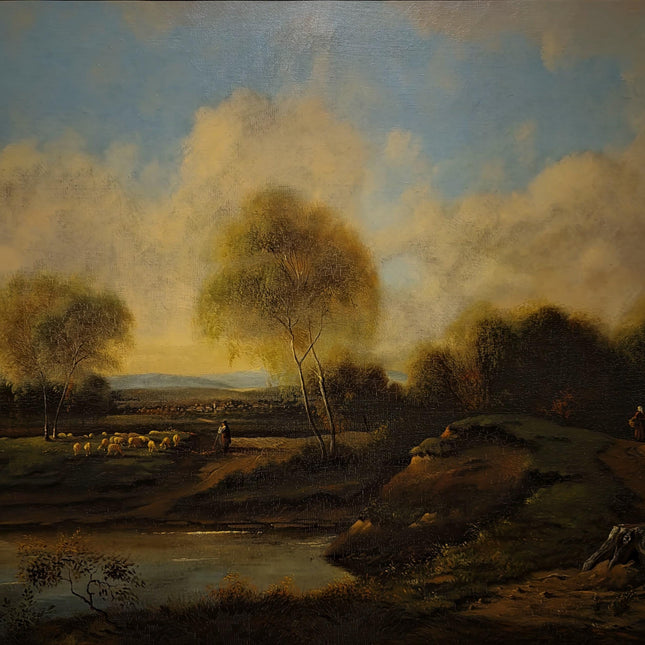 Vintage Dutch Pastoral Landscape Oil Painting, Signed Sheep Countryside Artwork, Rustic Wall Art, Collectible Framed Farmhouse Decor