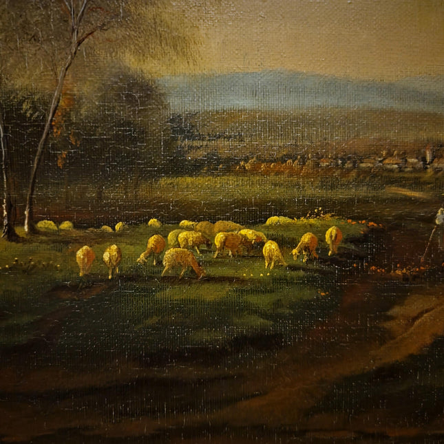 Vintage Dutch Pastoral Landscape Oil Painting, Signed Sheep Countryside Artwork, Rustic Wall Art, Collectible Framed Farmhouse Decor