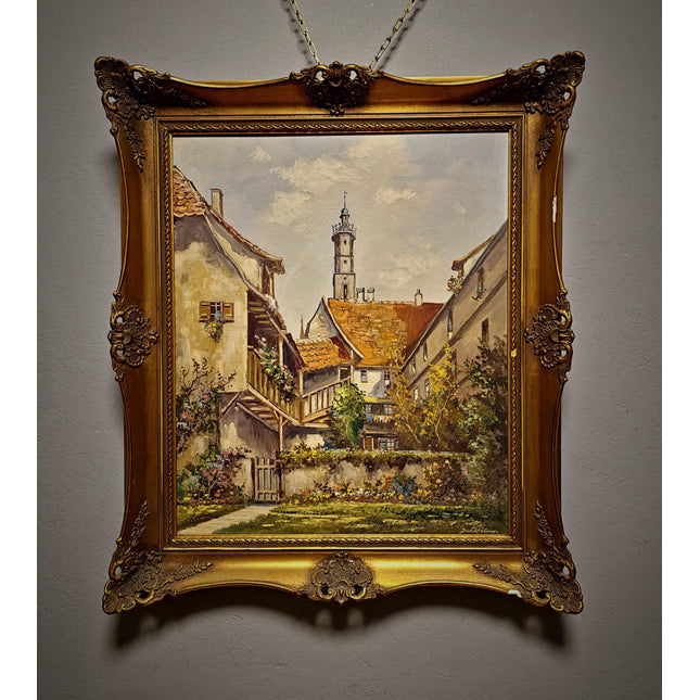 Large Vintage German Townscape Oil Painting, Old European Village Signed Artwork, Framed Architectural Landscape, Cottagecore Wall Decor