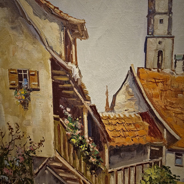 Large Vintage German Townscape Oil Painting, Old European Village Signed Artwork, Framed Architectural Landscape, Cottagecore Wall Decor