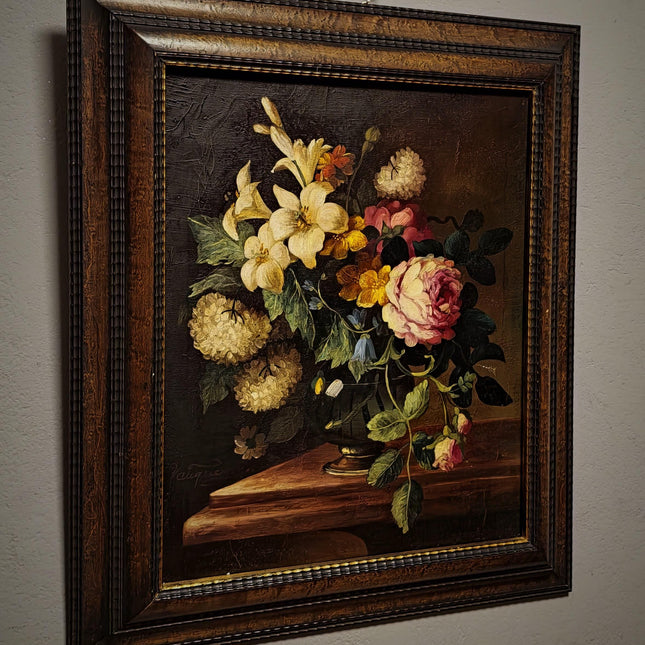 Vintage French Floral Still Life Oil Painting, Original Moody Rose Lily Artwork, Framed Dark Academia Decor, Romantic Cottage Wall Art