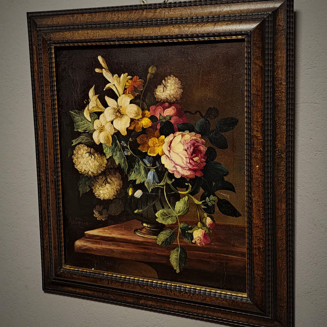 Vintage French Floral Still Life Oil Painting, Original Moody Rose Lily Artwork, Framed Dark Academia Decor, Romantic Cottage Wall Art
