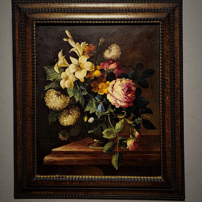 Vintage French Floral Still Life Oil Painting, Original Moody Rose Lily Artwork, Framed Dark Academia Decor, Romantic Cottage Wall Art