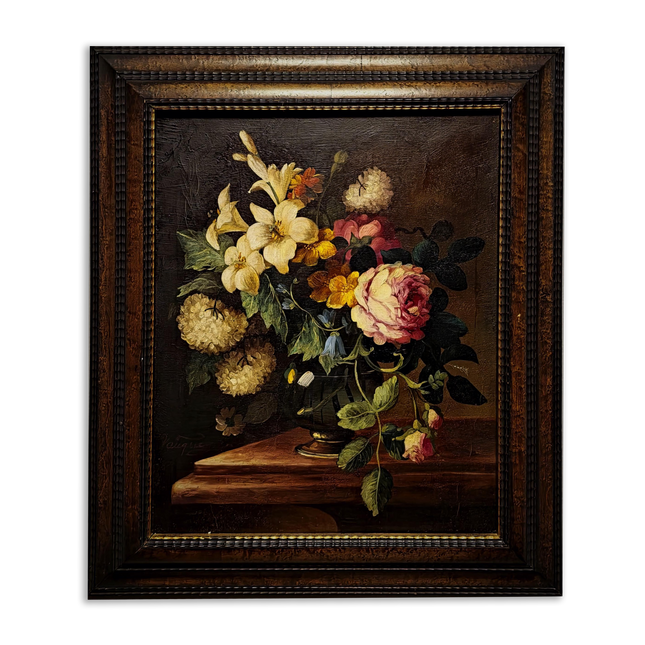 Vintage French Floral Still Life Oil Painting, Original Moody Rose Lily Artwork, Framed Dark Academia Decor, Romantic Cottage Wall Art