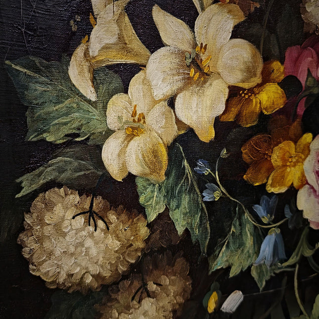 Vintage French Floral Still Life Oil Painting, Original Moody Rose Lily Artwork, Framed Dark Academia Decor, Romantic Cottage Wall Art