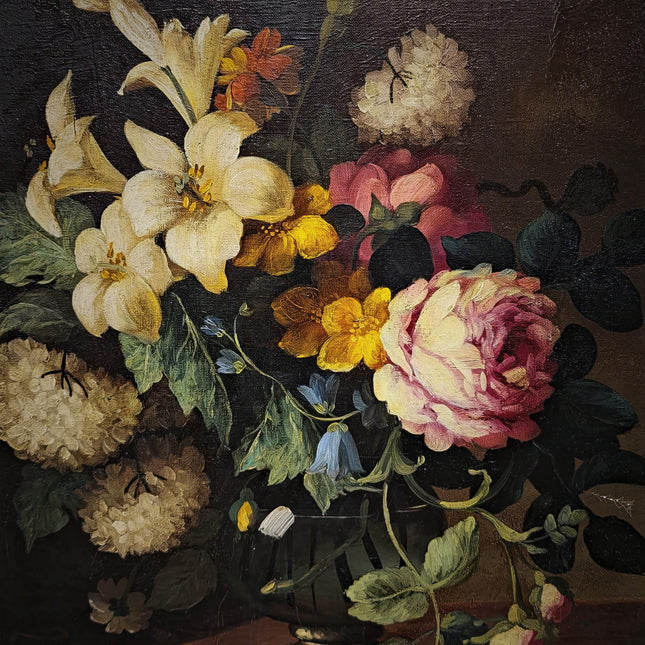 Vintage French Floral Still Life Oil Painting, Original Moody Rose Lily Artwork, Framed Dark Academia Decor, Romantic Cottage Wall Art