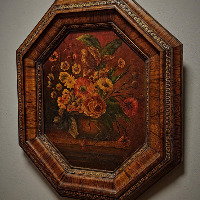 Vintage Old Master Floral Still Life Oil Painting, Octagonal Wall Art, Moody Flower Artwork, Dark Academia Decor, Victorian Frame
