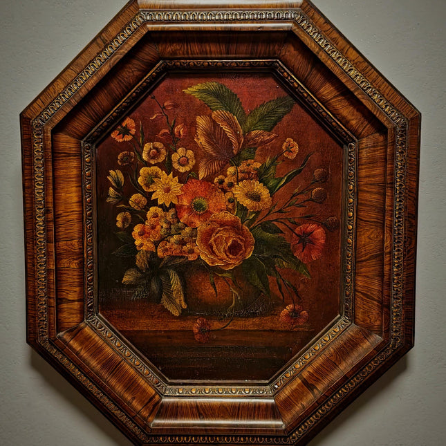 Vintage Old Master Floral Still Life Oil Painting, Octagonal Wall Art, Moody Flower Artwork, Dark Academia Decor, Victorian Frame