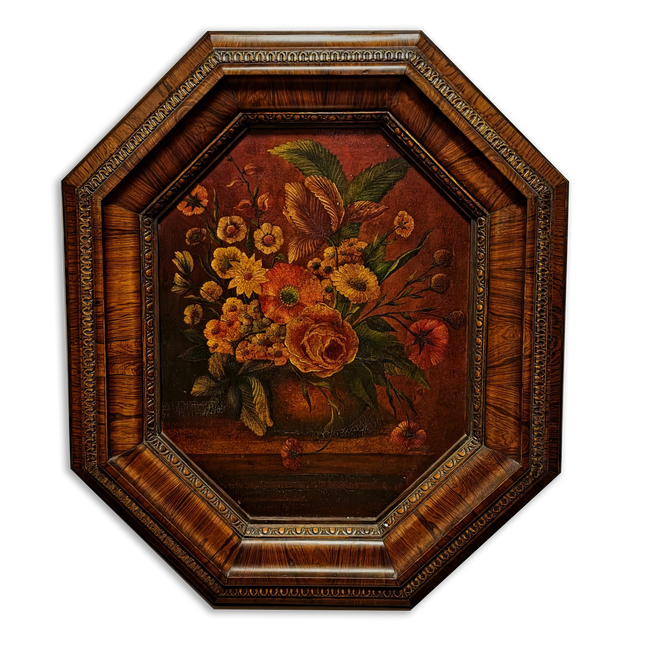 Vintage Old Master Floral Still Life Oil Painting, Octagonal Wall Art, Moody Flower Artwork, Dark Academia Decor, Victorian Frame