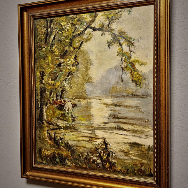 Vintage French Landscape Oil Painting, Signed Pastoral Cow Scene, Impressionist Style Artwork, River Wall Art, Gold Framed Cottagecore Decor