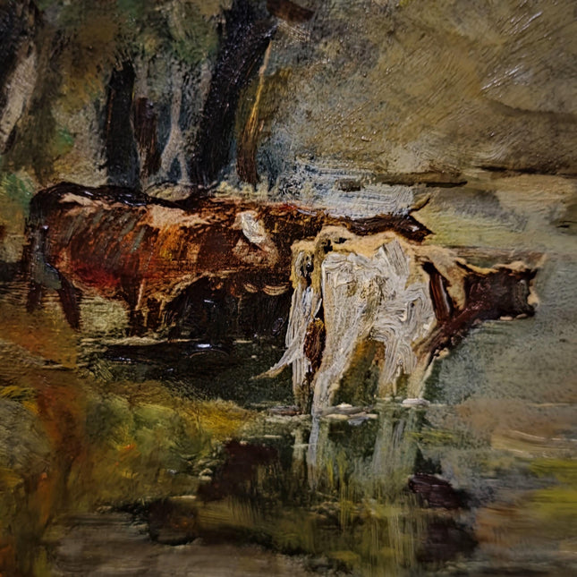 Vintage French Landscape Oil Painting, Signed Pastoral Cow Scene, Impressionist Style Artwork, River Wall Art, Gold Framed Cottagecore Decor