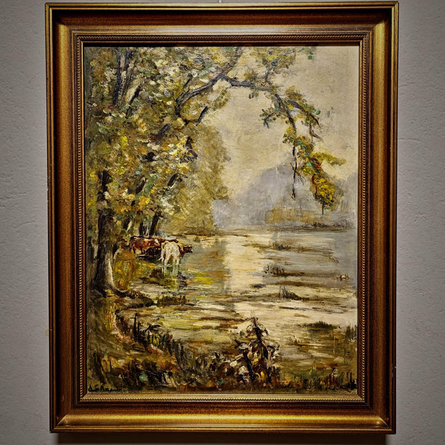 Vintage French Landscape Oil Painting, Signed Pastoral Cow Scene, Impressionist Style Artwork, River Wall Art, Gold Framed Cottagecore Decor