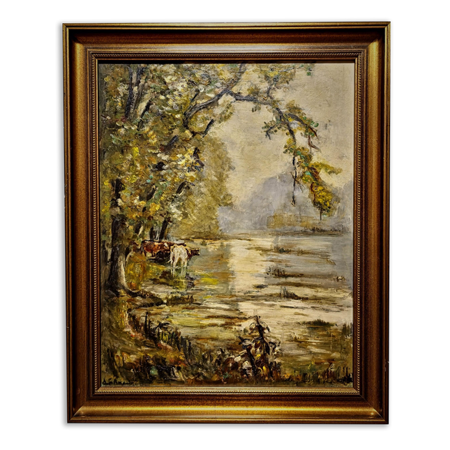 Vintage French Landscape Oil Painting, Signed Pastoral Cow Scene, Impressionist Style Artwork, River Wall Art, Gold Framed Cottagecore Decor
