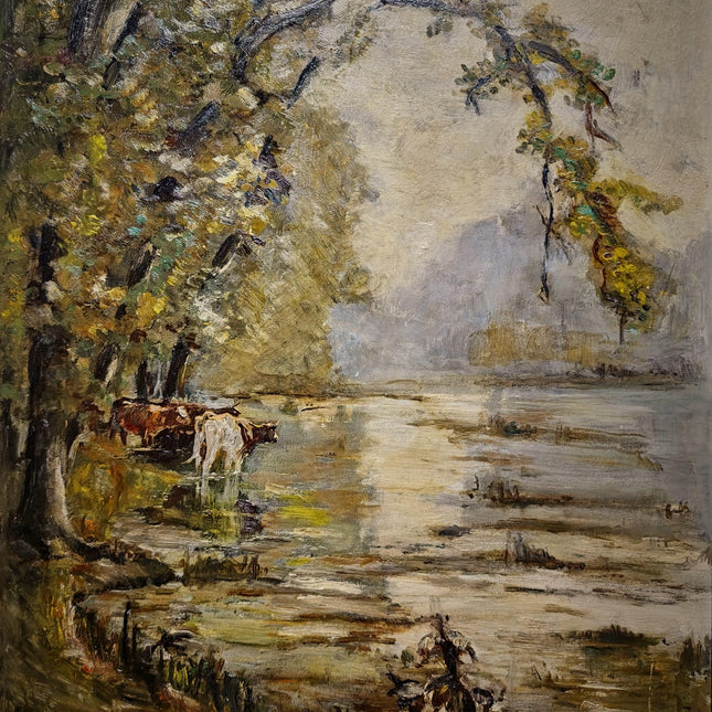 Vintage French Landscape Oil Painting, Signed Pastoral Cow Scene, Impressionist Style Artwork, River Wall Art, Gold Framed Cottagecore Decor