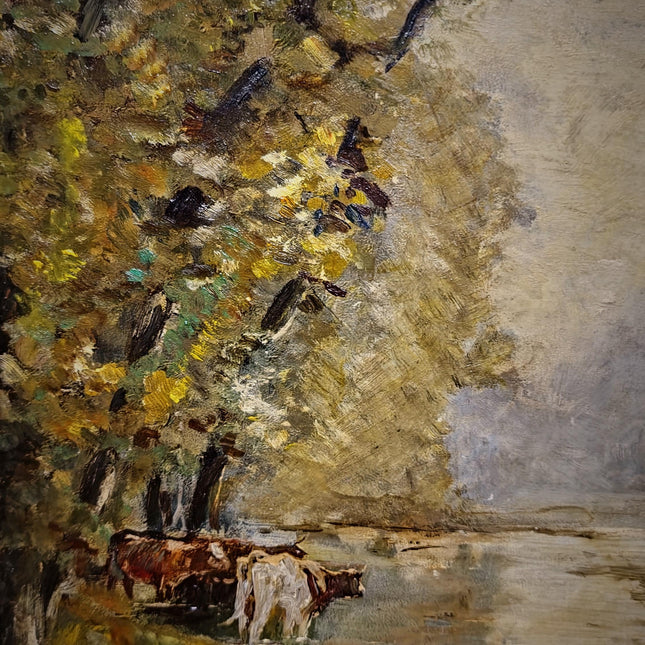 Vintage French Landscape Oil Painting, Signed Pastoral Cow Scene, Impressionist Style Artwork, River Wall Art, Gold Framed Cottagecore Decor