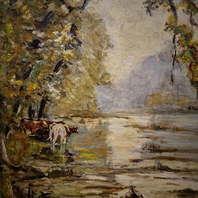 Vintage French Landscape Oil Painting, Signed Pastoral Cow Scene, Impressionist Style Artwork, River Wall Art, Gold Framed Cottagecore Decor